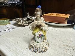 Vintage Dresden Figurine Lace German Volkstedt Porcelain Women Drinking Tea Cup