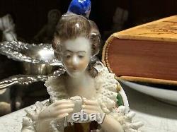 Vintage Dresden Figurine Lace German Volkstedt Porcelain Women Drinking Tea Cup