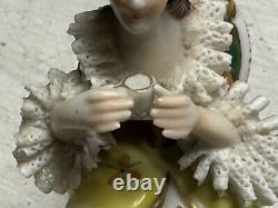 Vintage Dresden Figurine Lace German Volkstedt Porcelain Women Drinking Tea Cup