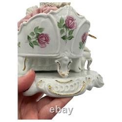 Vintage Dresden Germany 7x7x5 Lace Porcelain Seated Lady With Small Dog & Bird