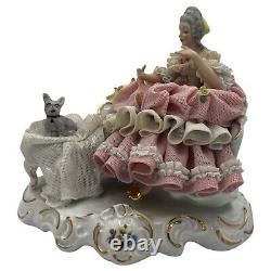 Vintage Dresden Germany 7x7x5 Lace Porcelain Seated Lady With Small Dog & Bird