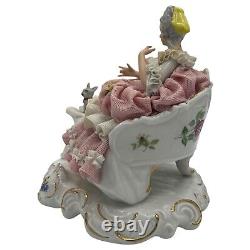 Vintage Dresden Germany 7x7x5 Lace Porcelain Seated Lady With Small Dog & Bird