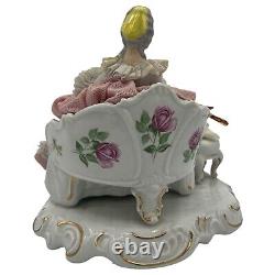 Vintage Dresden Germany 7x7x5 Lace Porcelain Seated Lady With Small Dog & Bird