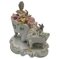 Vintage Dresden Germany 7x7x5 Lace Porcelain Seated Lady With Small Dog & Bird