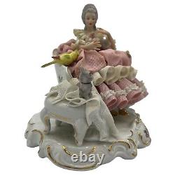 Vintage Dresden Germany 7x7x5 Lace Porcelain Seated Lady With Small Dog & Bird