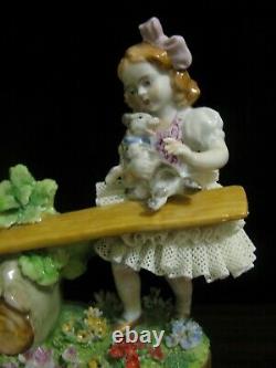 Vintage Dresden Lace SITZENDORF Porcelain Figurine Girls on Seesaw