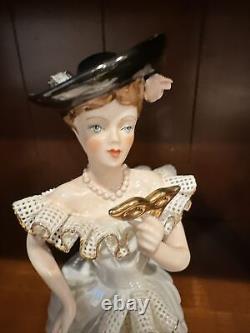 Vintage Dresden Like Lace Figurine Victorian Woman With A Mask Germany 11 Inch