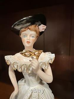 Vintage Dresden Like Lace Figurine Victorian Woman With A Mask Germany 11 Inch