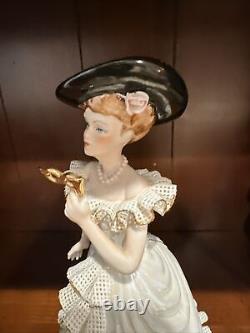 Vintage Dresden Like Lace Figurine Victorian Woman With A Mask Germany 11 Inch