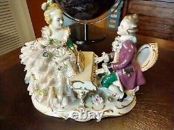 Vintage Dresden Man Playing Piano with Woman Porcelain Figurine Germany EX Cond