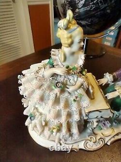 Vintage Dresden Man Playing Piano with Woman Porcelain Figurine Germany EX Cond