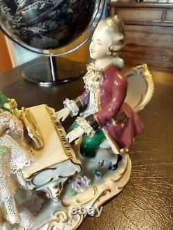 Vintage Dresden Man Playing Piano with Woman Porcelain Figurine Germany EX Cond