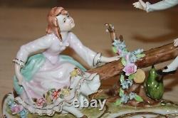 Vintage Dresden Porcelain Boy & Girl On A Log Seesawith Teeter Totter Figurine