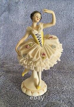 Vintage Dresden Porcelain Lace Ballet Dancer Yellow & White 7 high with number