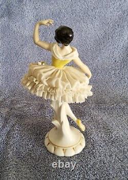 Vintage Dresden Porcelain Lace Ballet Dancer Yellow & White 7 high with number