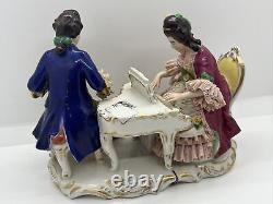 Vintage Dresden Porcelain Lace Figurine Victorian Couple Playing Piano & Cello
