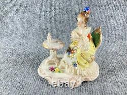 Vintage Dresden Volkstedt Porcelain Figurine Seated Lady Tea Table 4.25 x 4.25