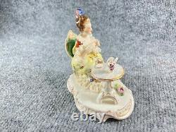 Vintage Dresden Volkstedt Porcelain Figurine Seated Lady Tea Table 4.25 x 4.25