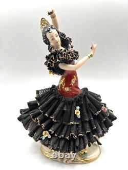 Vintage Frankenthal Dresden Porcelain Flamenco Dancing Lady In Black Lace-7 H