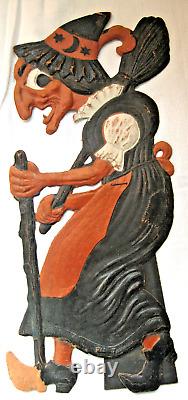 Vintage Full Figure Embossed Cardboard Witch w Walking Stick & Broom. Germany