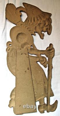 Vintage Full Figure Embossed Cardboard Witch w Walking Stick & Broom. Germany