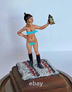 Vintage GERMAN PEWTER Hand Painted figurine nude woman with beer stein & Helmet