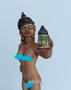 Vintage GERMAN PEWTER Hand Painted figurine nude woman with beer stein & Helmet