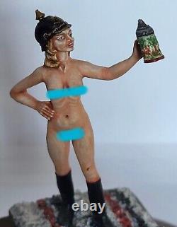 Vintage GERMAN PEWTER Hand Painted figurine nude woman with beer stein & Helmet