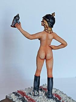 Vintage GERMAN PEWTER Hand Painted figurine nude woman with beer stein & Helmet