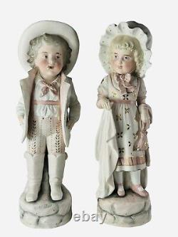 Vintage German Bisque Boy And Girl Figurines Pink Tones Large 15 Lot Set Of 2