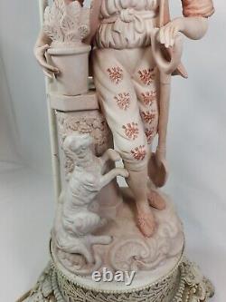 Vintage German Bisque Handpainted Figural Lamp Shepherd Boy And His Dog