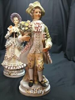 Vintage German Bisque Porcelain Figurines Pair 10.25