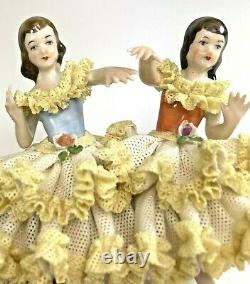 Vintage German Dresden Lace Porcelain Group Figurine 2 Girls Dancing Ballerinas