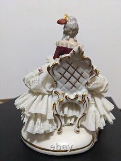 Vintage German Martha Budich Dresden Porcelain Lace Figurine Lady by Black Piano