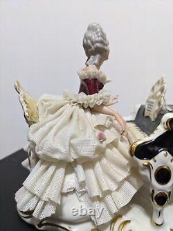 Vintage German Martha Budich Dresden Porcelain Lace Figurine Lady by Black Piano