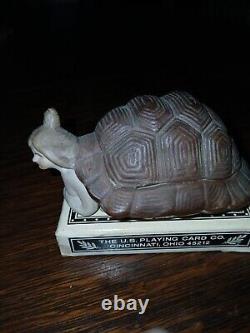 Vintage German Porcelain Bisque Naughty Lady In A Turtle Shell Lidded Trinket