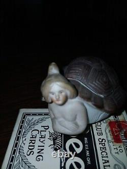 Vintage German Porcelain Bisque Naughty Lady In A Turtle Shell Lidded Trinket