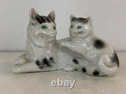 Vintage German Porcelain Cat & Kitten Green Eyes Figurine with Faint Crown Mark