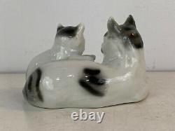 Vintage German Porcelain Cat & Kitten Green Eyes Figurine with Faint Crown Mark