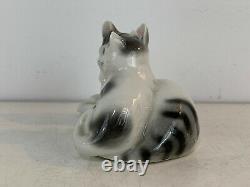 Vintage German Porcelain Cat & Kitten Green Eyes Figurine with Faint Crown Mark