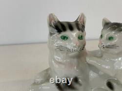 Vintage German Porcelain Cat & Kitten Green Eyes Figurine with Faint Crown Mark