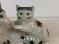 Vintage German Porcelain Cat & Kitten Green Eyes Figurine with Faint Crown Mark