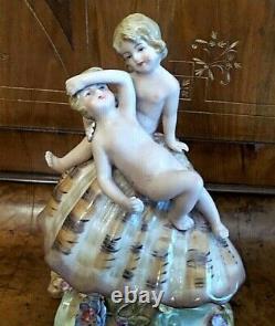 Vintage German Porcelain Cherubs Figurine On Giant Seashell