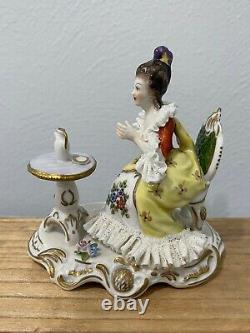 Vintage German Volkstedt Porcelain Figurine Woman Drinking Sipping Tea at Table