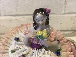 Vintage German Volkstedt Porcelain Lace Figurine Ballerina Dancer with Flowers