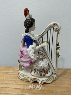 Vintage German Volkstedt Porcelain Lace Figurine Woman Playing Harp