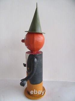 Vintage Germany Halloween Pumpkin Man with Hat & Arms Paper Mache Candy Container