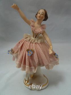 Vintage Germany Porcelain Dresden Lace Woman Ballerina in Pink Figurine