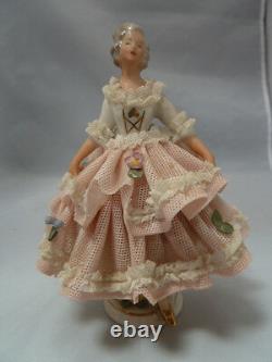 Vintage Germany Porcelain Dresden Lace Woman with Pink & White Dress Figurine