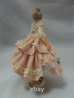 Vintage Germany Porcelain Dresden Lace Woman with Pink & White Dress Figurine
